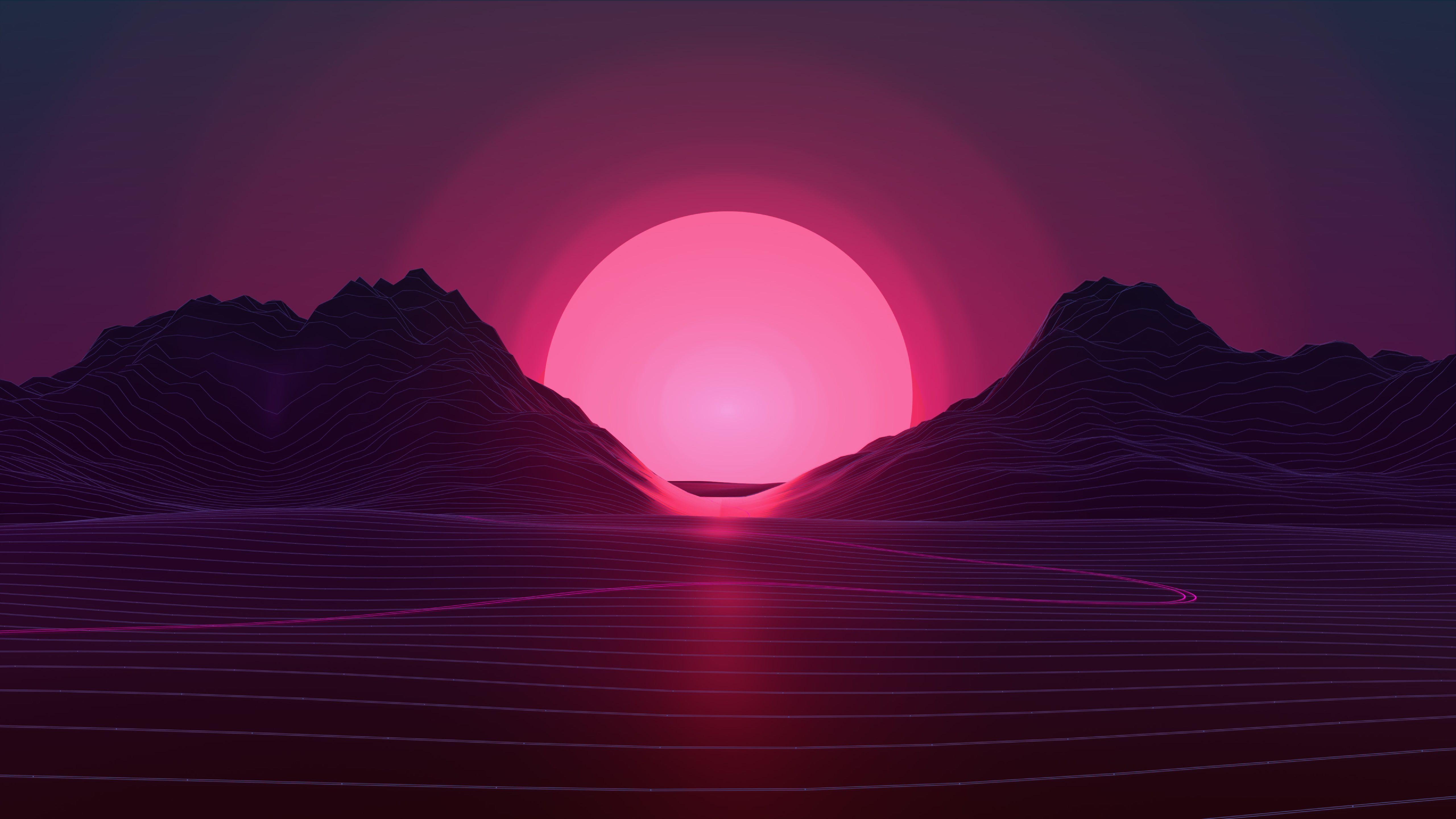 5120x2880 retrowave #mountains #purple #sunrise #sunset purple background #pink #abstract K #wallpaper #hdwallpape. Vaporwave wallpaper, Neon wallpaper, Sunset wallpaper