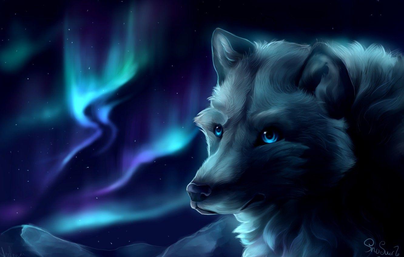 1332x850 Wallpaper mountains, wolf, Northern lights, by SnoSwirl image for desktop, section живопись