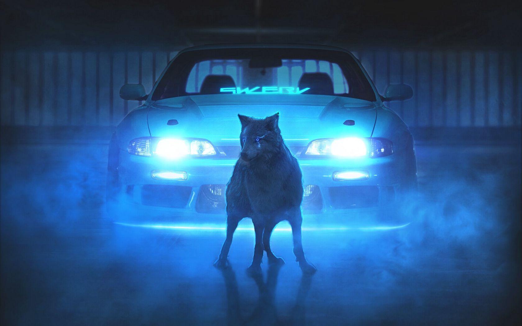 1680x1050 Download wallpaper 1680x1050 wolf, car, neon, light, smoke widescreen 16:10 HD background