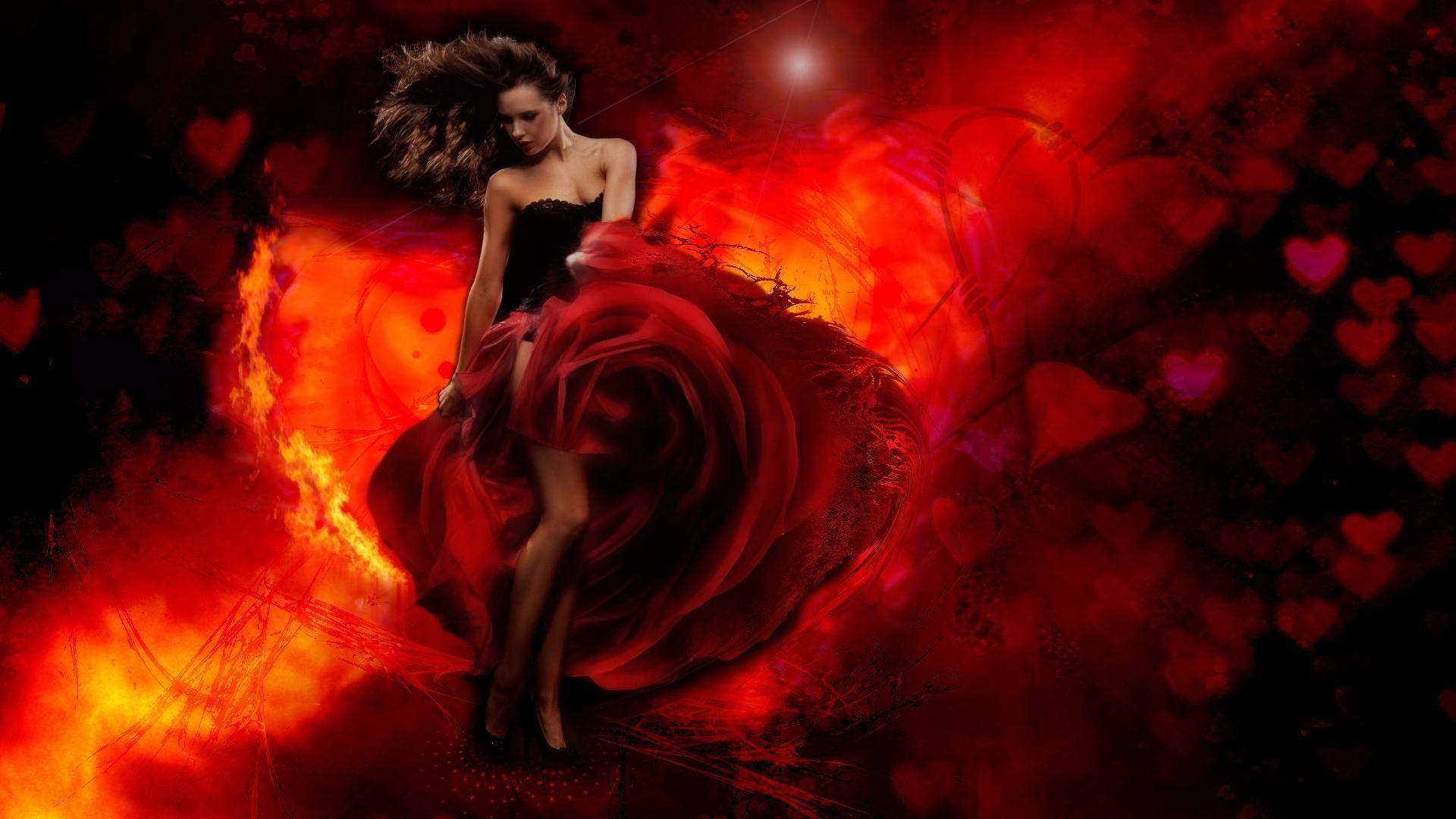 1920x1080 DRESS ON FLAME dancing girl red rose wallpaperx1080