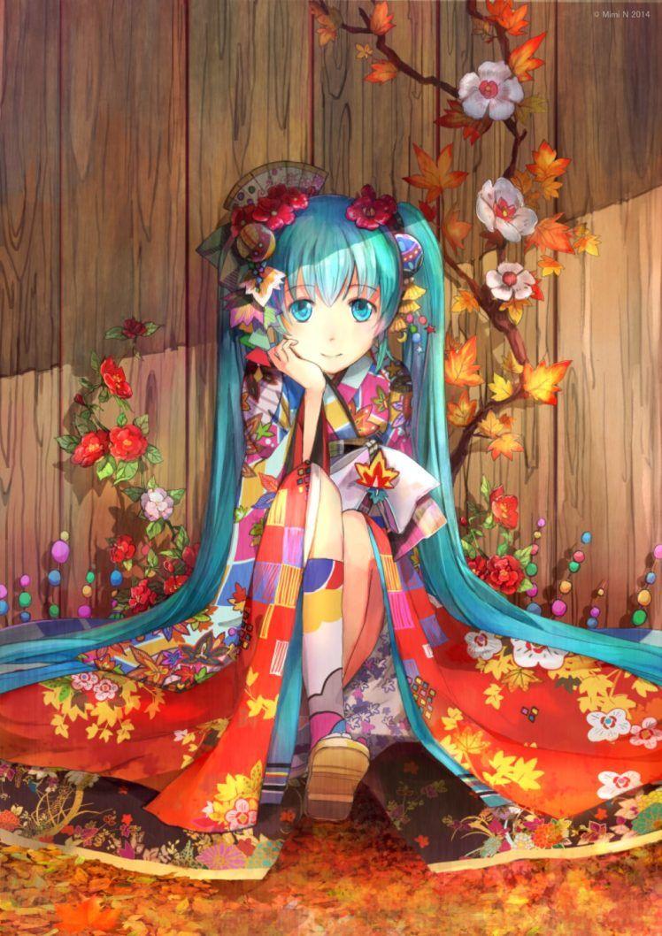 748x1058 Vocaloid, Hatsune Miku, Flowers, Petals, Traditional clothing, Anime