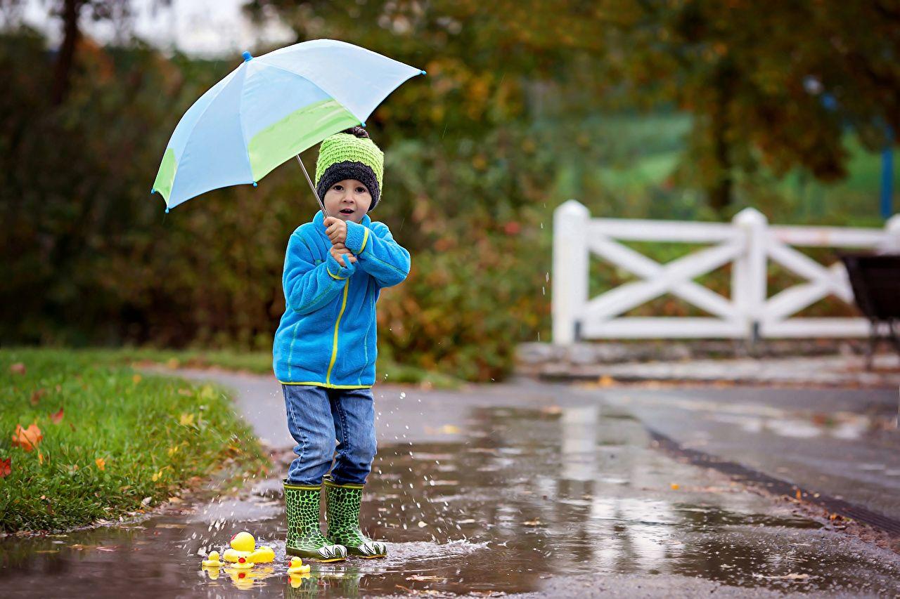 1280x853 Picture Boys Wearing boots Children Jacket Winter hat Rain parasol
