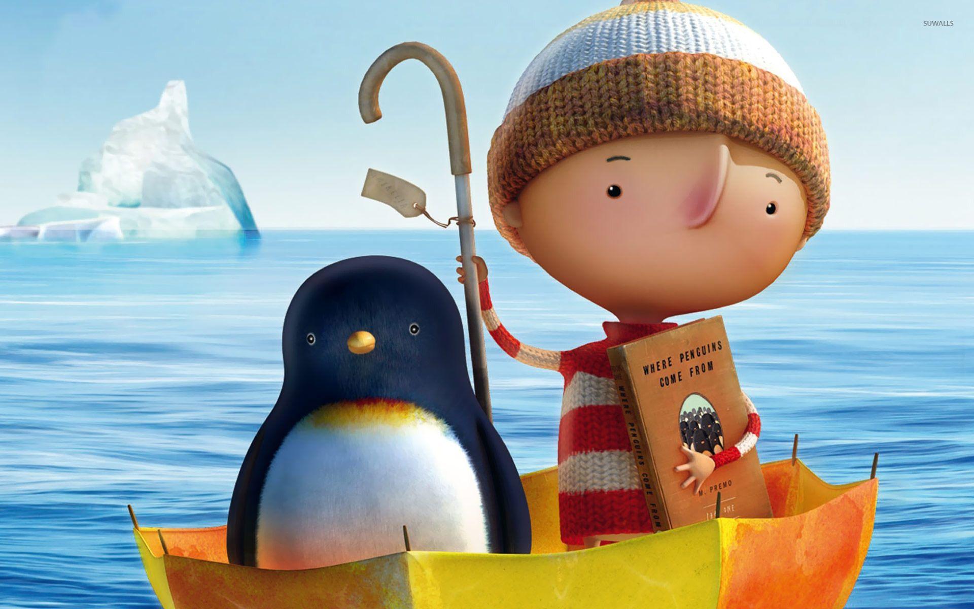 1920x1200 Boy with penguin sailing in an umbrella wallpaper Art wallpaper