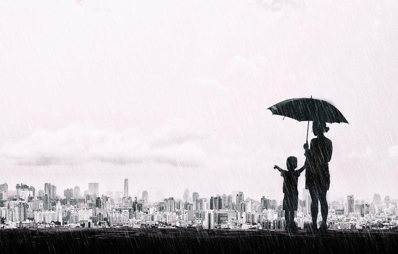 1332x850 Wallpaper the city, umbrella, rain, mood, boy, black and white, panorama, Taiwan, monochrome, child, mother, Taichung image for desktop, section настроения