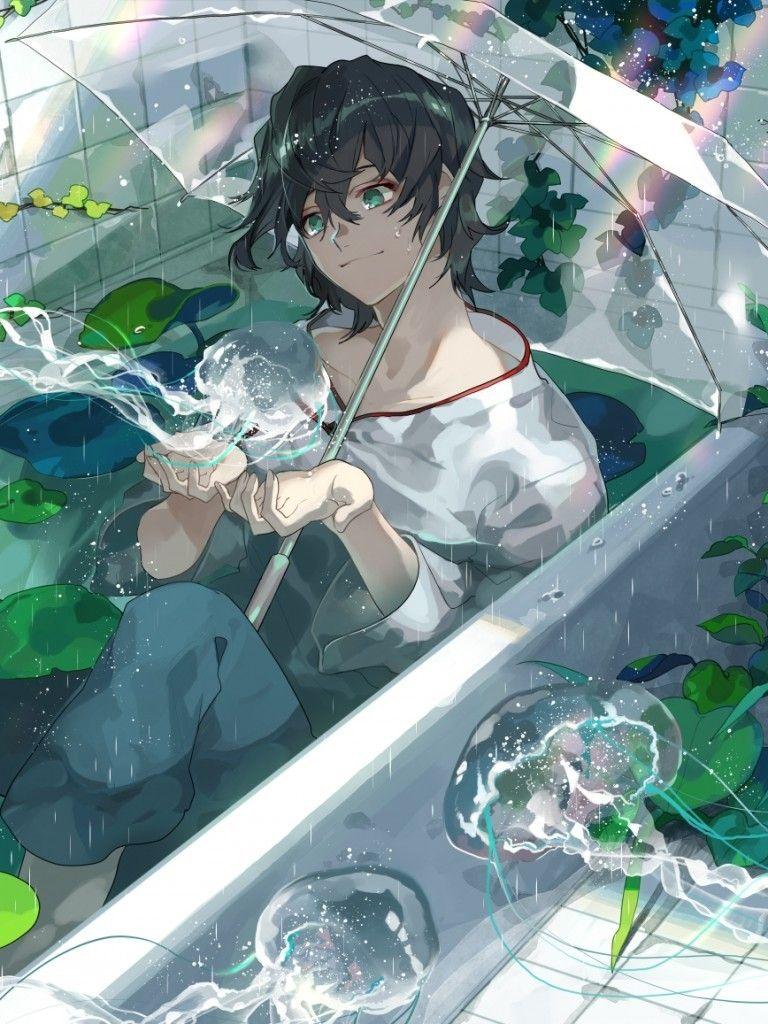 768x1024 Download 768x1024 Anime Boy, Bathtub, Green Leaves, Jellyfish, Transparent Umbrella Wallpaper for Apple iPad Apple iPad Mini