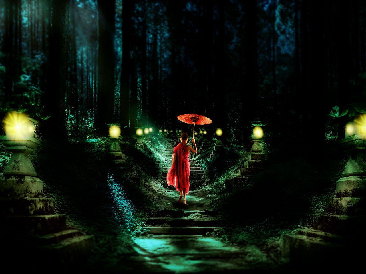 1280x960 Download wallpaper 1280x960 boy, monk, stairs, night, child, umbrella, buddhism standard 4:3 HD background