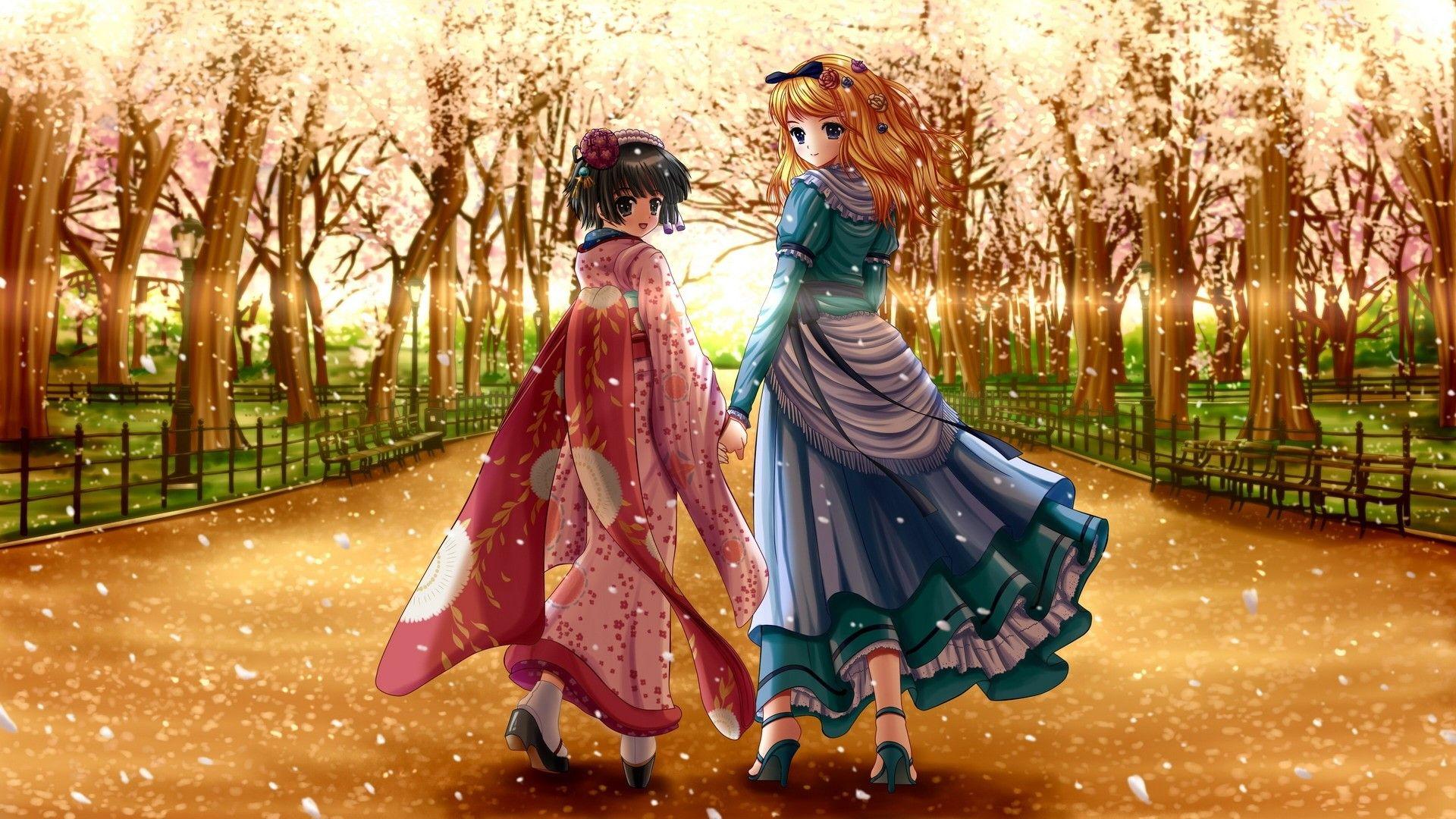 1920x1080 Anime, Girl, Kimono, Dress, Park, Foliage wallpaper and background