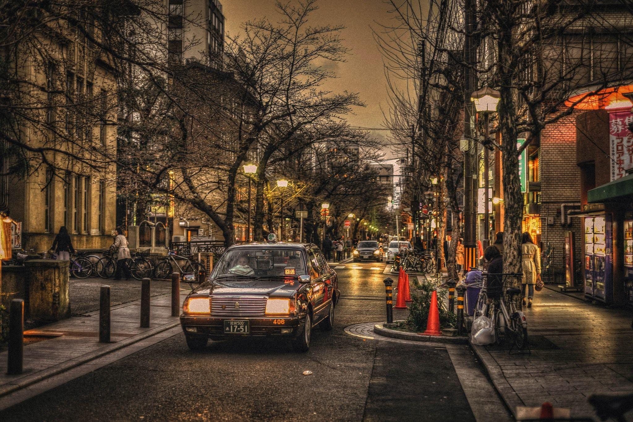 2048x1366 Wallpaper bicycle, cars, shops, trees, headlights, people, neon
