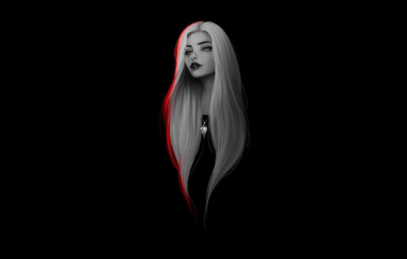 1332x850 Wallpaper Girl, dark, long hair, minimalism, red eyes, artwork, black background, necklace, white hair, simple background image for desktop, section минимализм