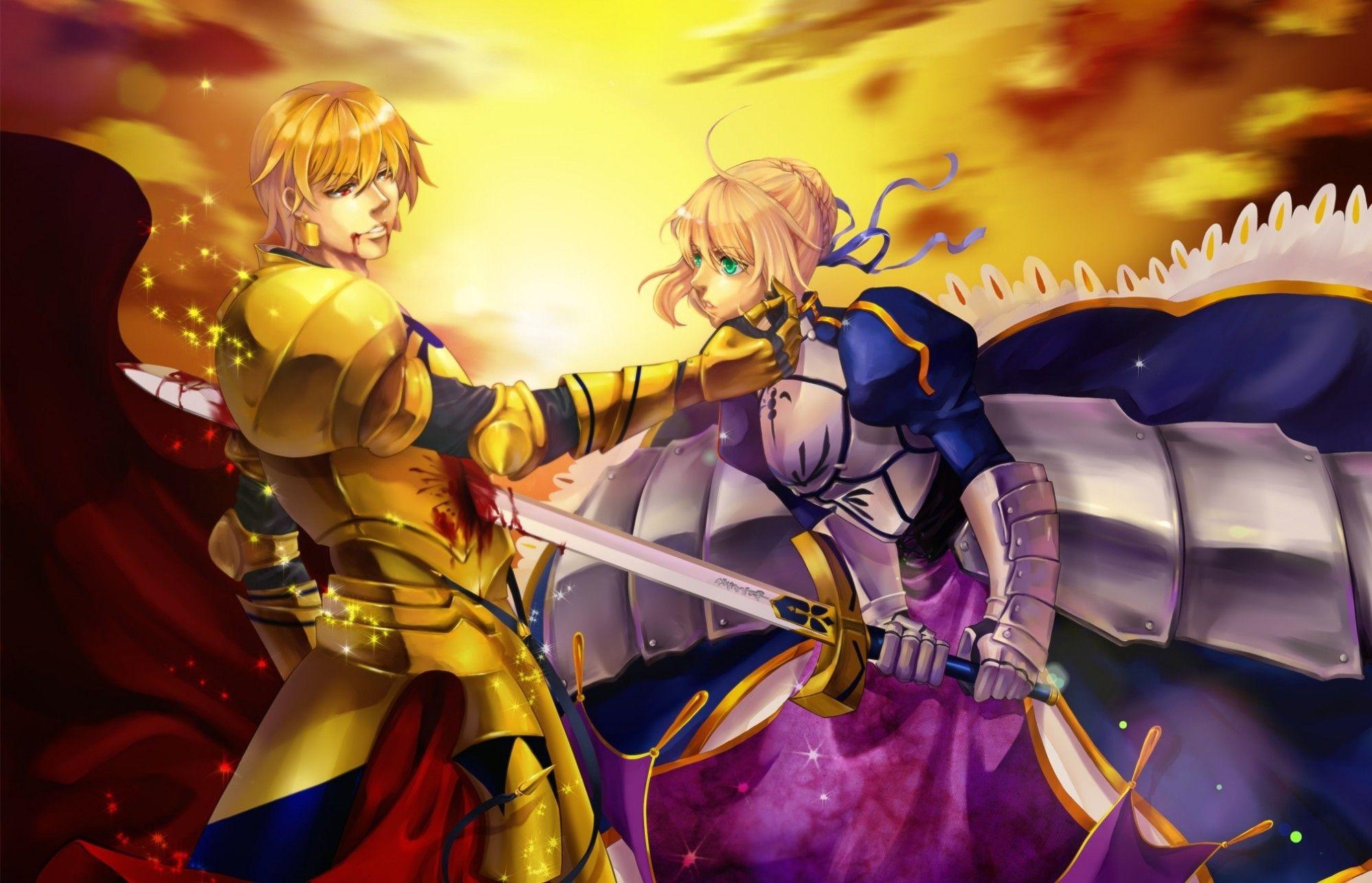 1998x1286 Download 1998x1286 Fate Zero, Gilgamesh, Saber, Sword Fight Wallpaper