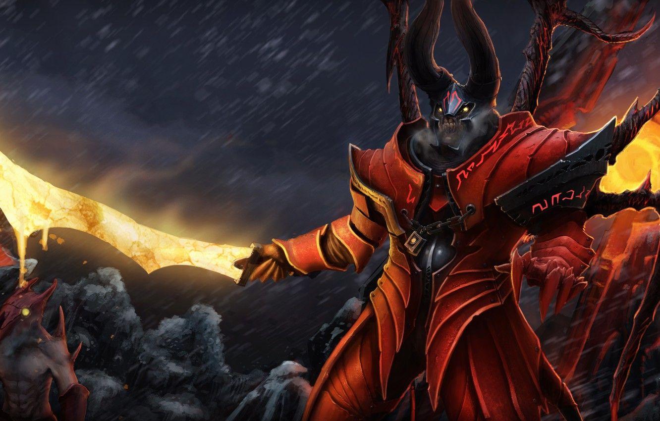 1332x850 Wallpaper trees, weapons, wings, sword, the demon, art, horns, Dota Doom, Lucifer image for desktop, section игры