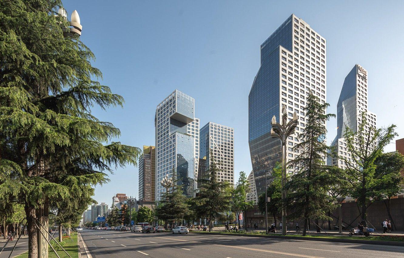 1332x850 Wallpaper road, trees, building, Chengdu, Sliced Porosity Block image for desktop, section город