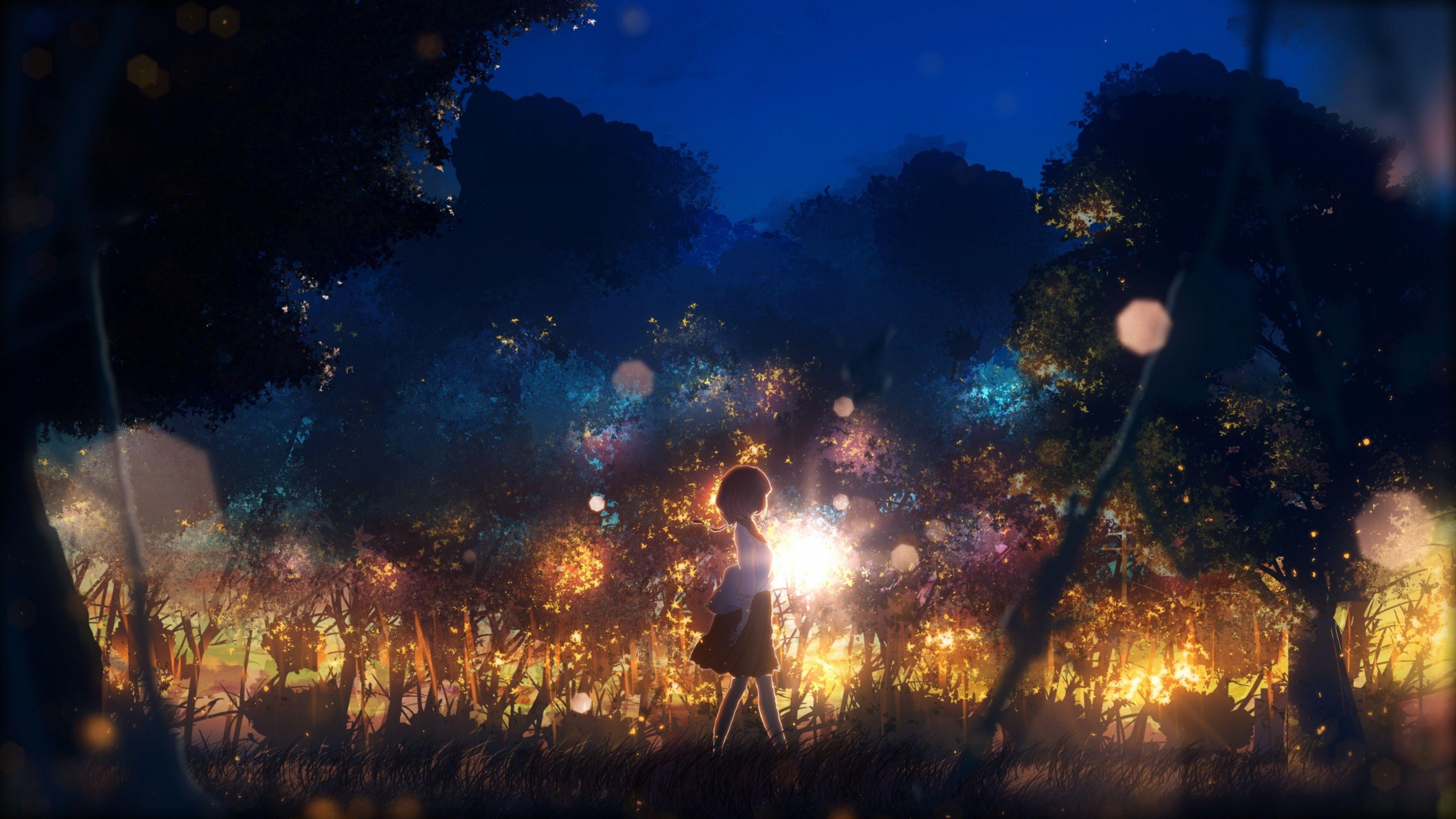3840x2160 Download 3840x2160 Anime Girl, Walking, Lights, Short Hair, Lens Flare, Trees Wallpaper for UHD TV
