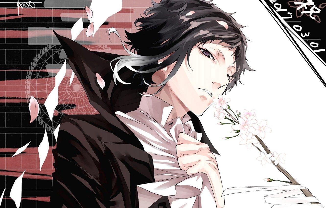 1332x850 Wallpaper look, flowers, background, guy, Bungou Stray Dogs, Stray Dogs: A Literary Genius, Akutagawa Ryunoske, Akutagawa Ryuunosuke image for desktop, section сёнэн