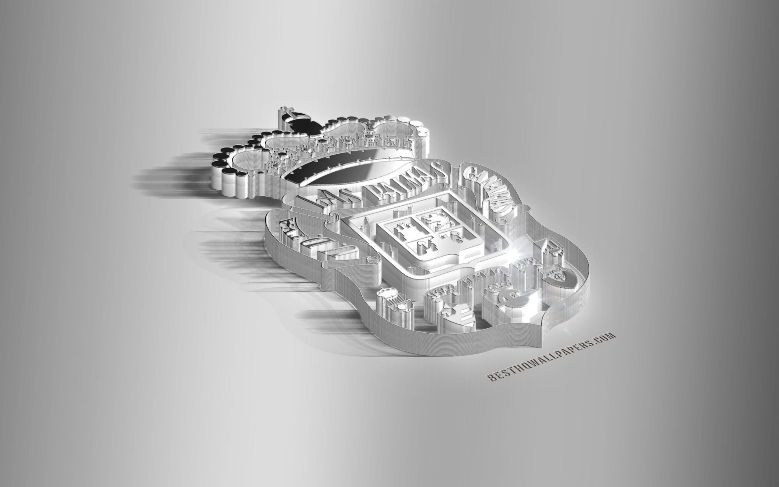 2560x1600 Download wallpaper UD Las Palmas, 3D steel logo, Spanish football club, 3D emblem, Las Palmas de Gran Canaria, Spain, Segunda, La Liga Las Palmas metal emblem, football, creative 3D art for