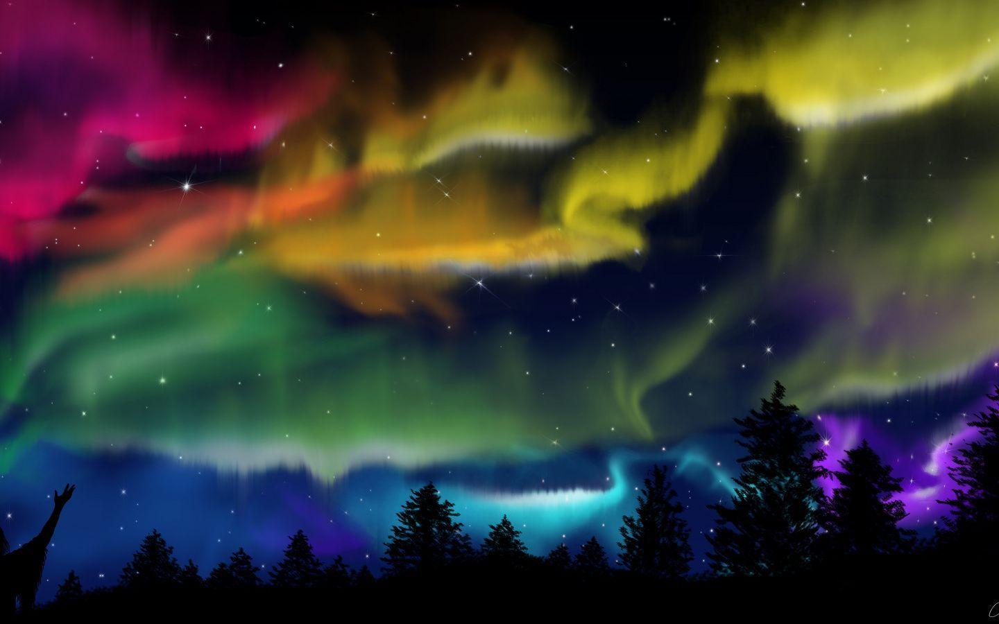 1440x900 Northern lights, forest, colorful sky, silhouette wallpaper. Digital art prints, Northern lights, Forest silhouette