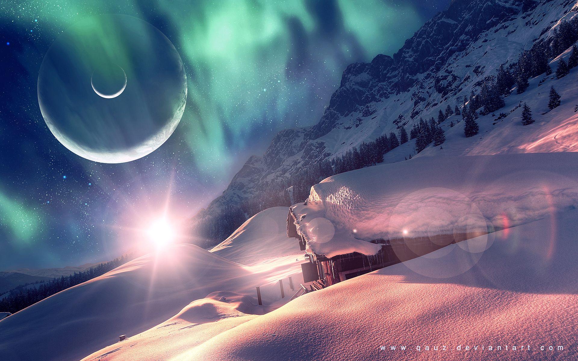 1920x1200 Aurora Borealis Northern Lights Cabin Snow Winter Planets Stars Trees Sky Fantasy Buildings Houses Sci Fi Wallpaperx1200