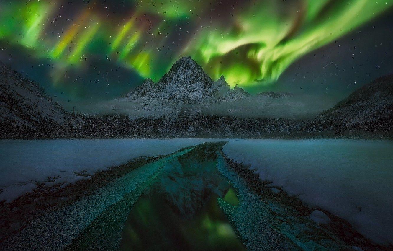 1332x850 Wallpaper winter, forest, the sky, water, stars, clouds, snow, mountains, night, reflection, ice, Northern lights image for desktop, section пейзажи