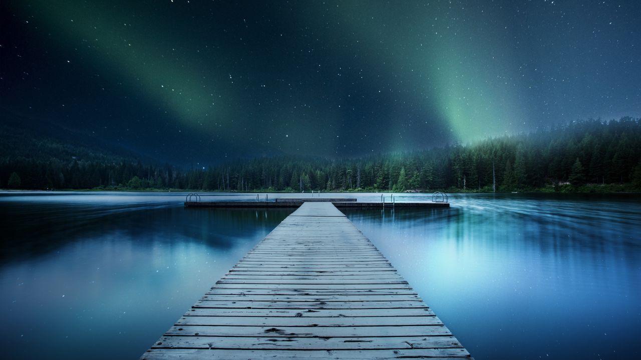 1280x720 Wallpaper Dock, Pier, Landscape, Northern Lights, Aurora, Lake, Forest, Evening, 4K, Nature / Editor's Picks,. Wallpaper for iPhone, Android, Mobile and Desktop