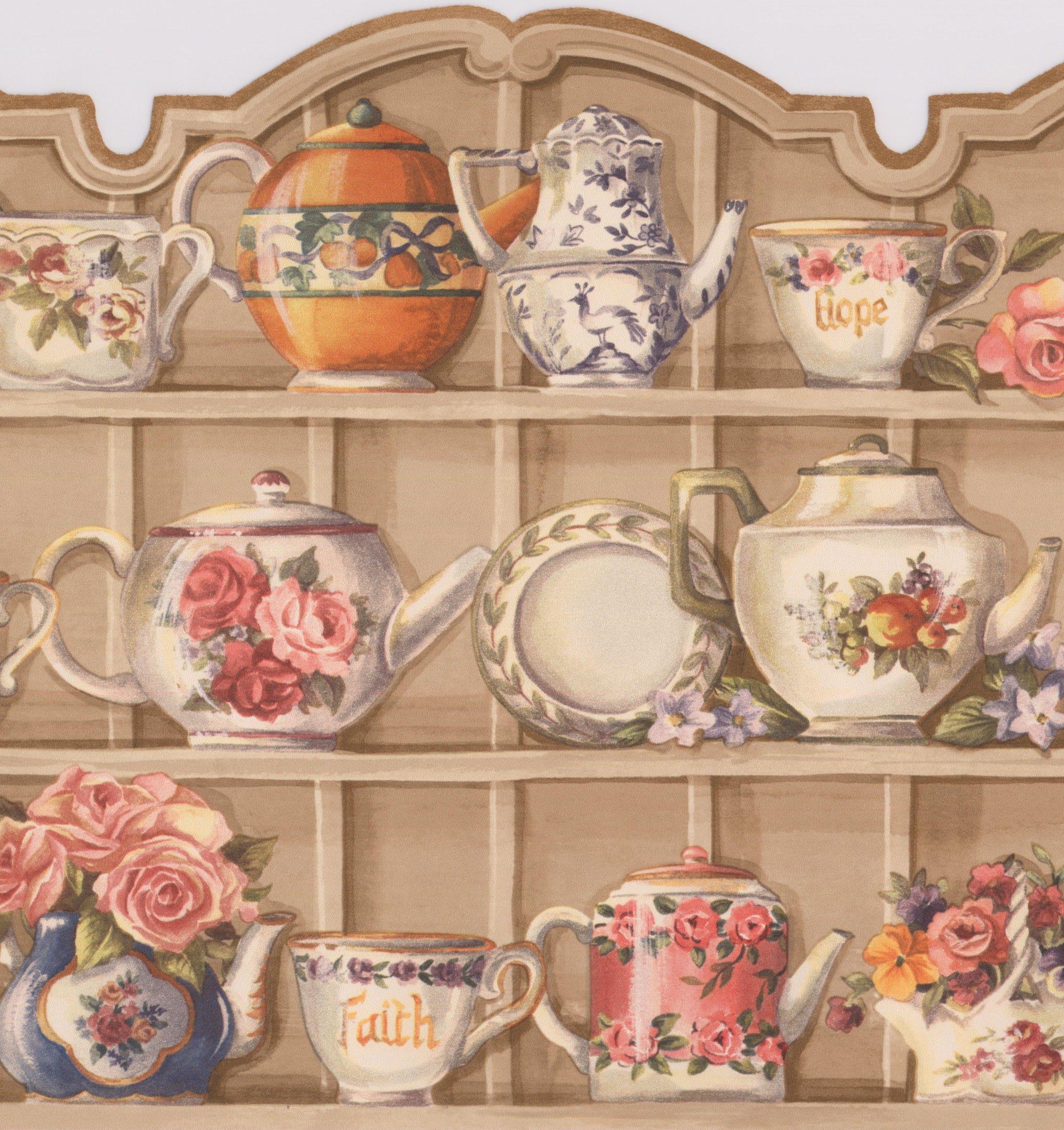 2799x2974 Beige Kitchen Cabinets with Plates Cups Flowers Kettle Wide Wallpaper Border Vintage Design, Roll 15' x 9.75''