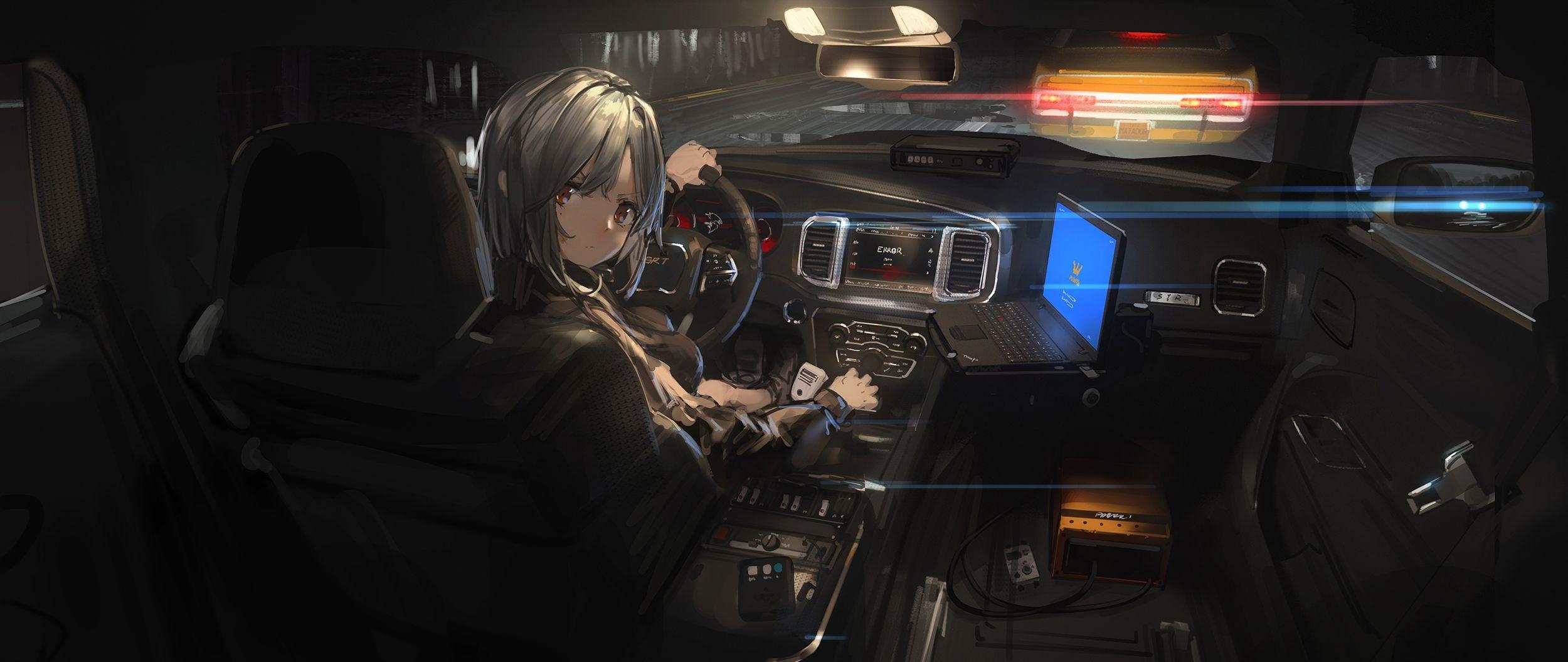 2500x1055 Download 2500x1055 Anime Girl, Hacker, In A Car, Silver Hair, Night Wallpaper