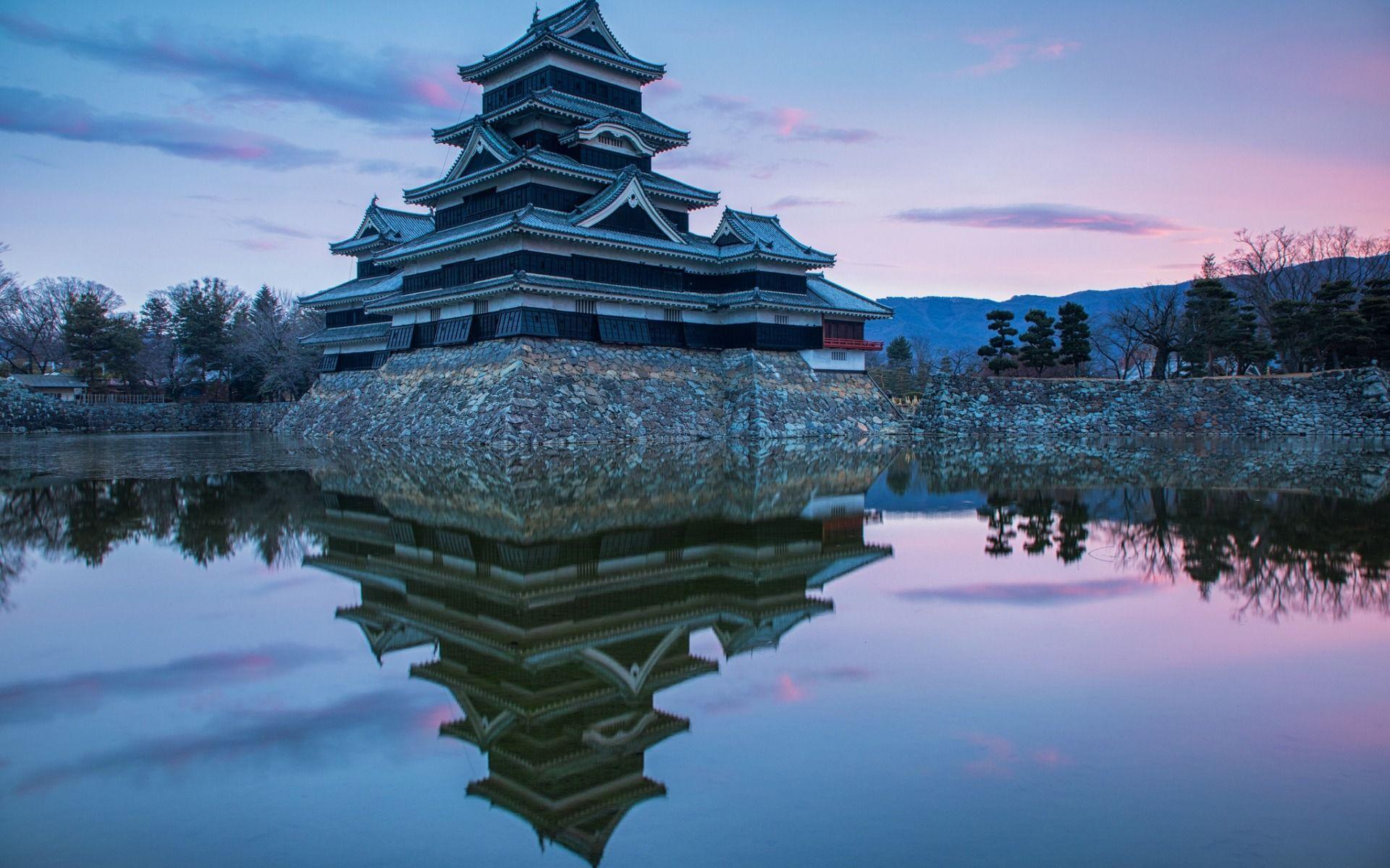 1920x1200 Download wallpaper Japanese temple, sunset, evening, lake, Japanese castle, traditional Japanese architecture, Japan for desktop with resolution 1920x1200. High Quality HD picture wallpaper