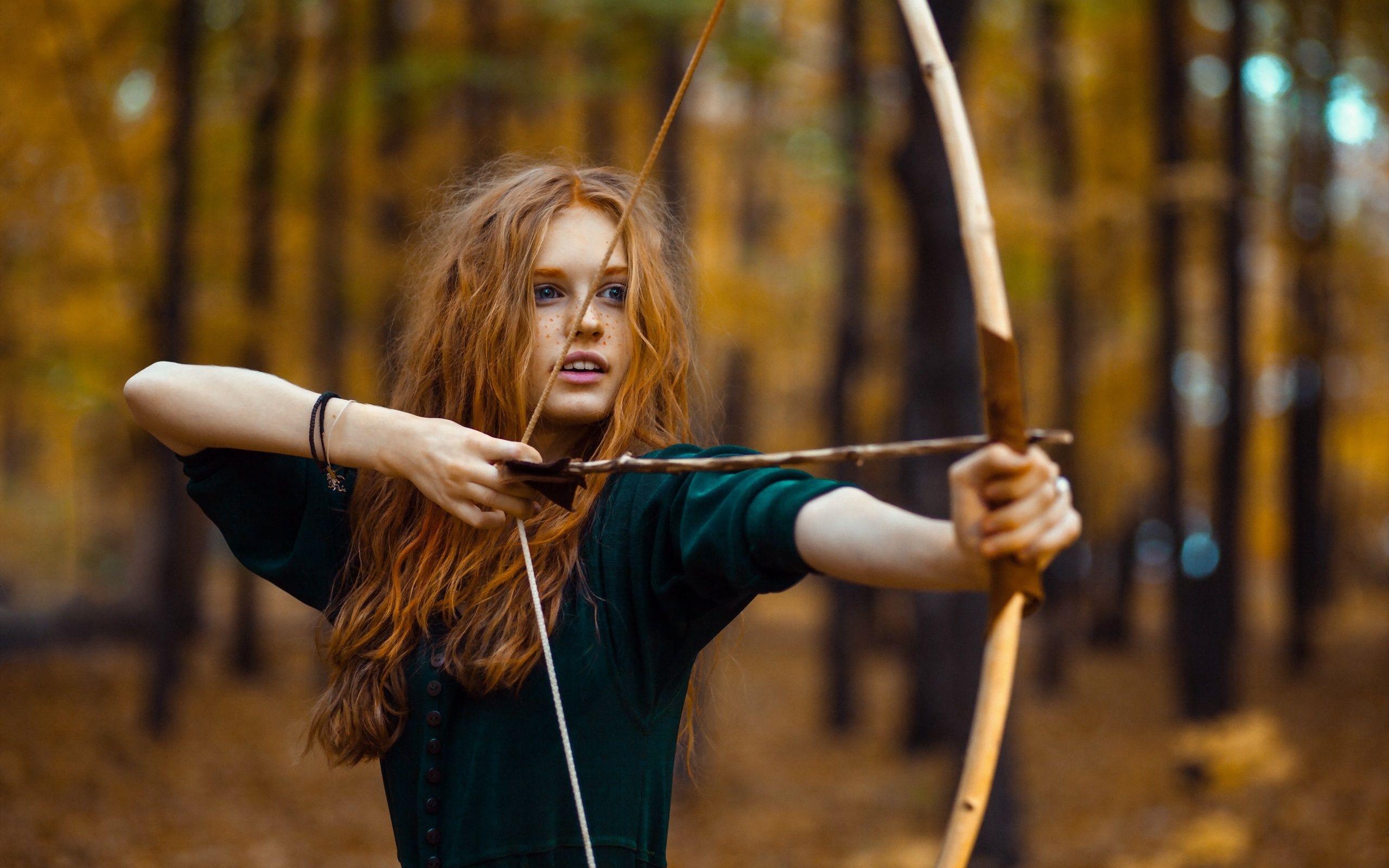 2560x1600 Picture Girls Archers Redhead girl arrows Bow weapon 2560x1600