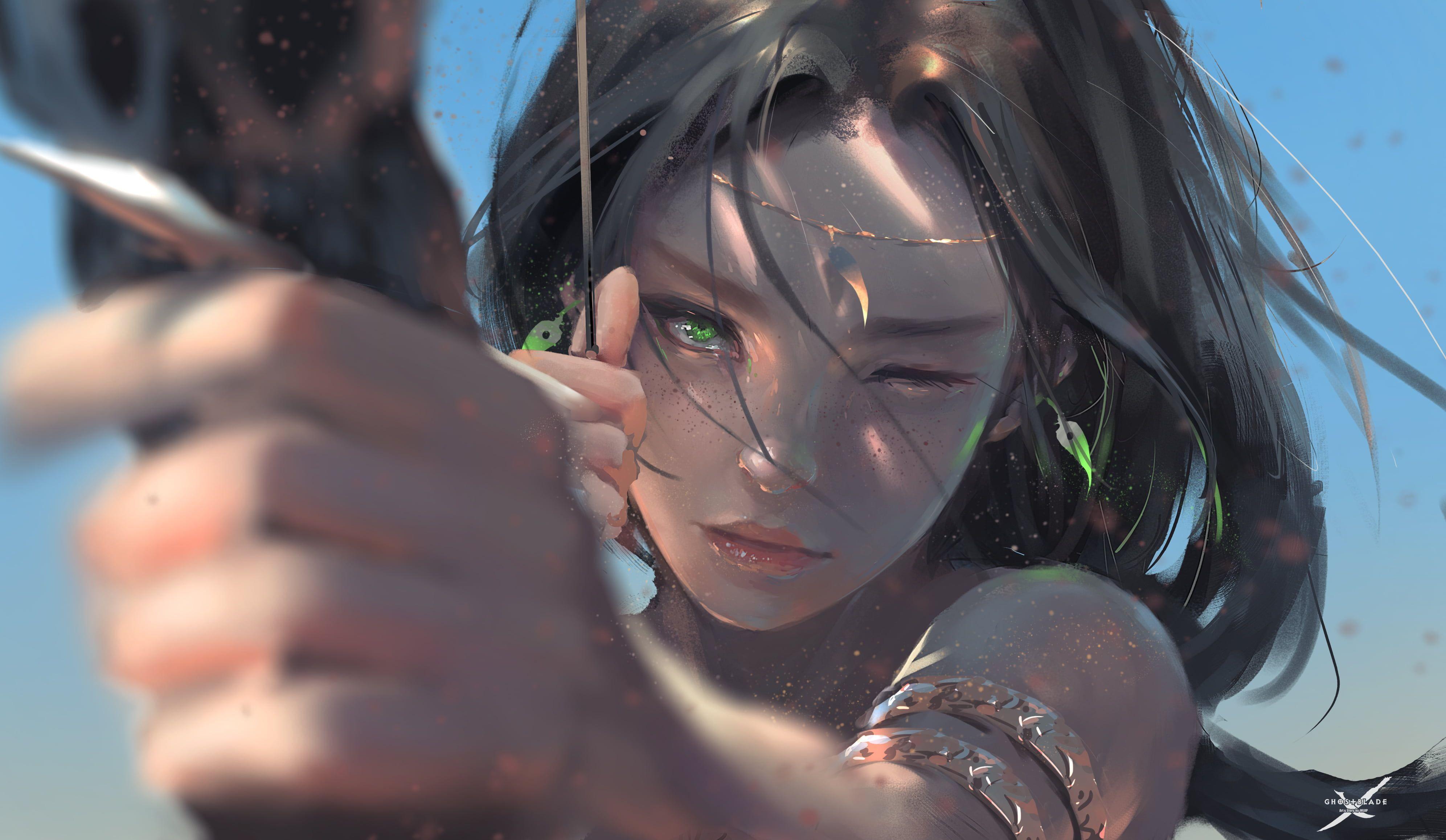 3985x2316 woman holding bow with arrow painting, girl holding bow illustration #WLOP #artwork #women digital art #archer. Portraits de personnages, Belles image, Portraits