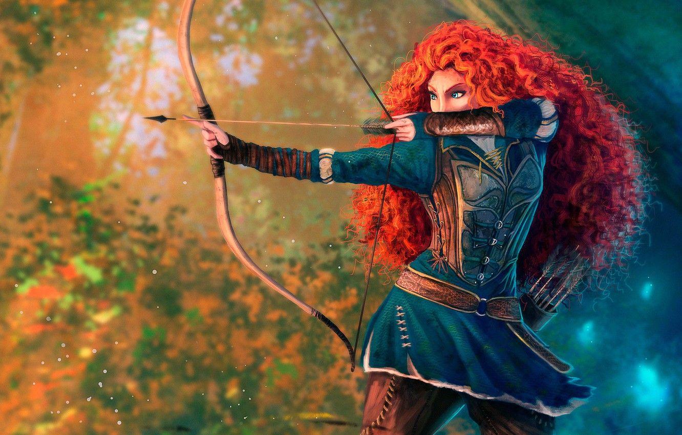 1332x850 Wallpaper forest, girl, pose, figure, cartoon, bow, Archer, art, arrow, red, arrows, Princess, quiver, bokeh, princess, Brave heart image for desktop, section фильмы