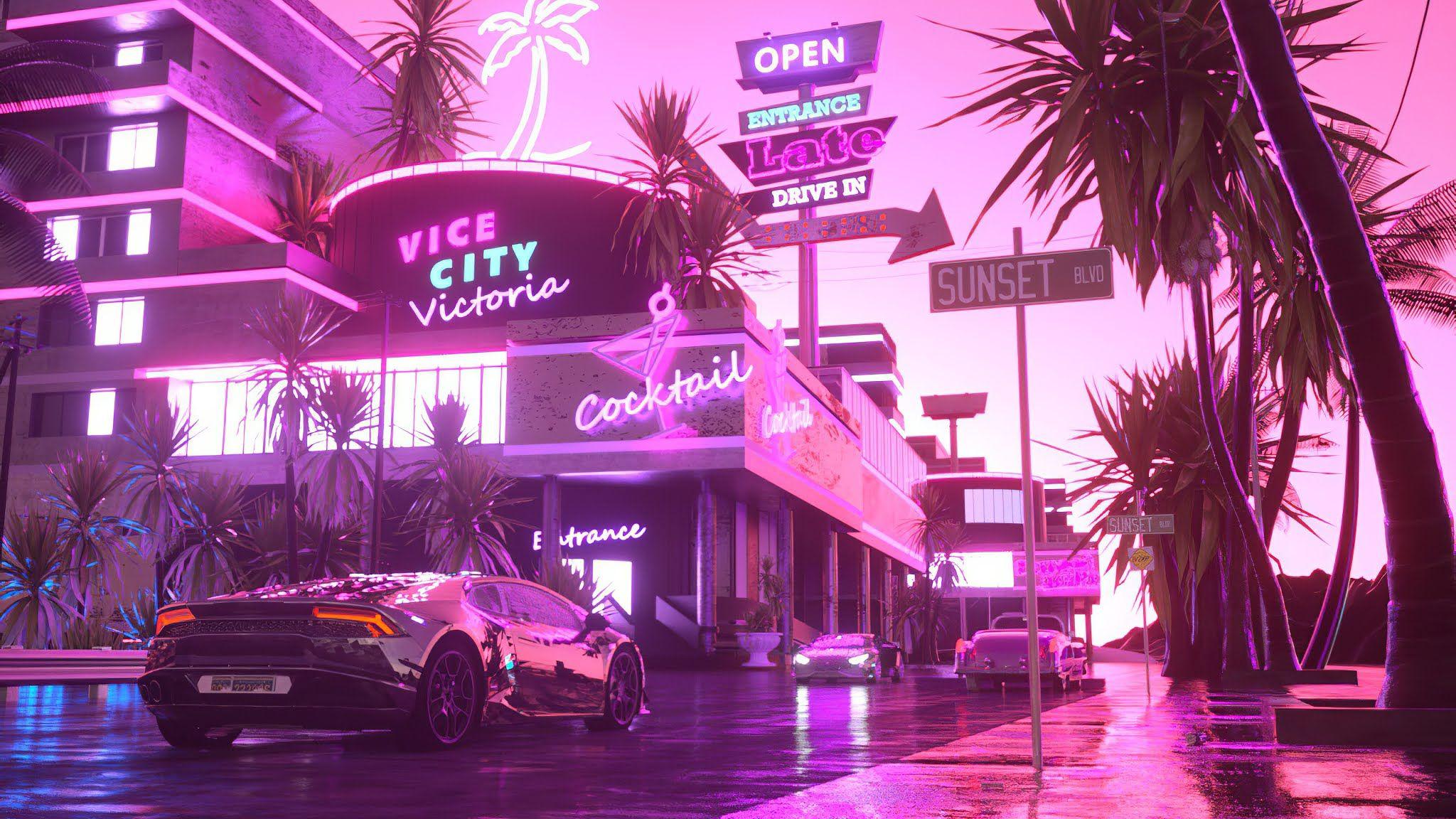 2048x1152 Lamborghini in Pink City Wallpaper PC