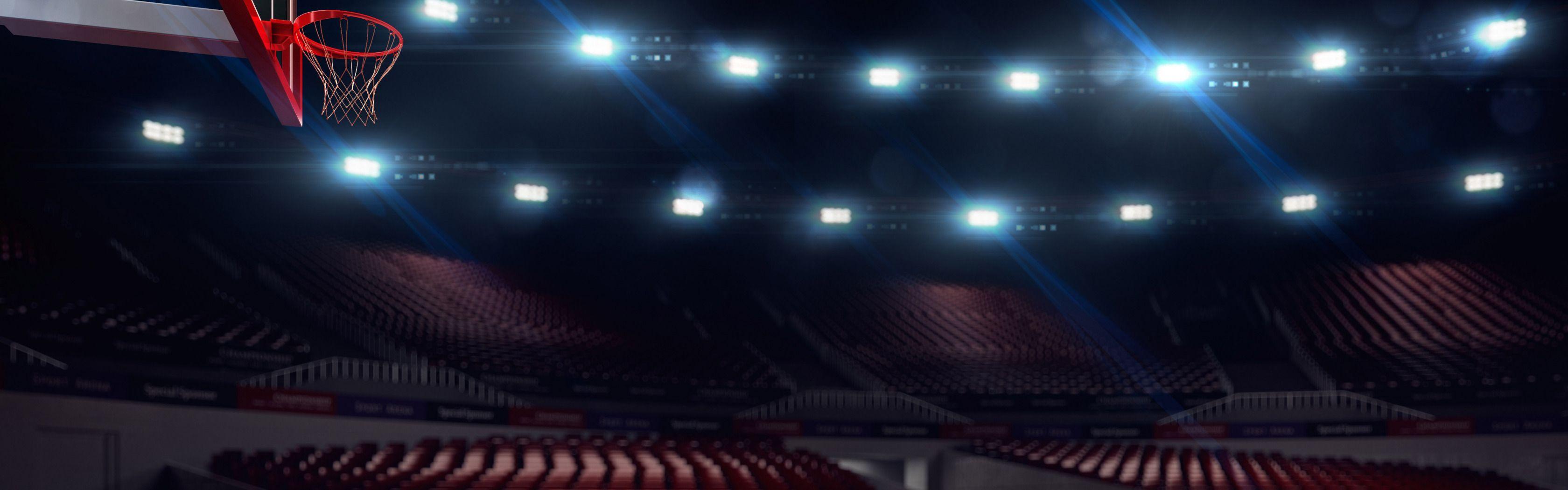 3360x1050 Download wallpaper basket, sport, blur, devices, ring, shield, basketball, basketball, tribune, stadium, places, bokeh, the gym, wallpaper., lighting, fans, section sports in resolution 3360x1050