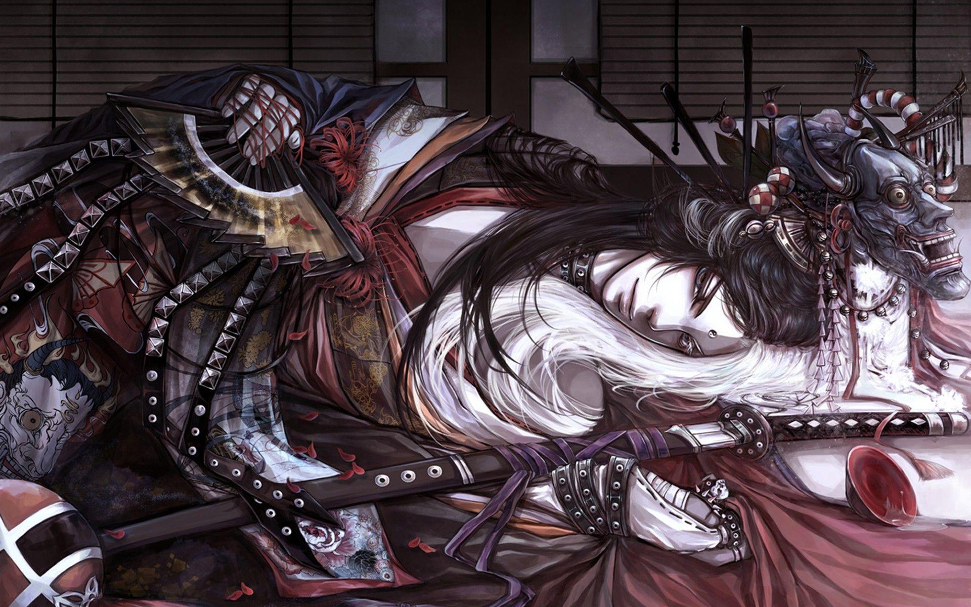1920x1200 art, Sherytan, Hyakkiyakou, Samurai, Mask, Fan, Katana, Yarn, Flowers, Petals, Pins, Piala, Asian, Oriental, Weapon, Sword Wallpaper HD / Desktop and Mobile Background