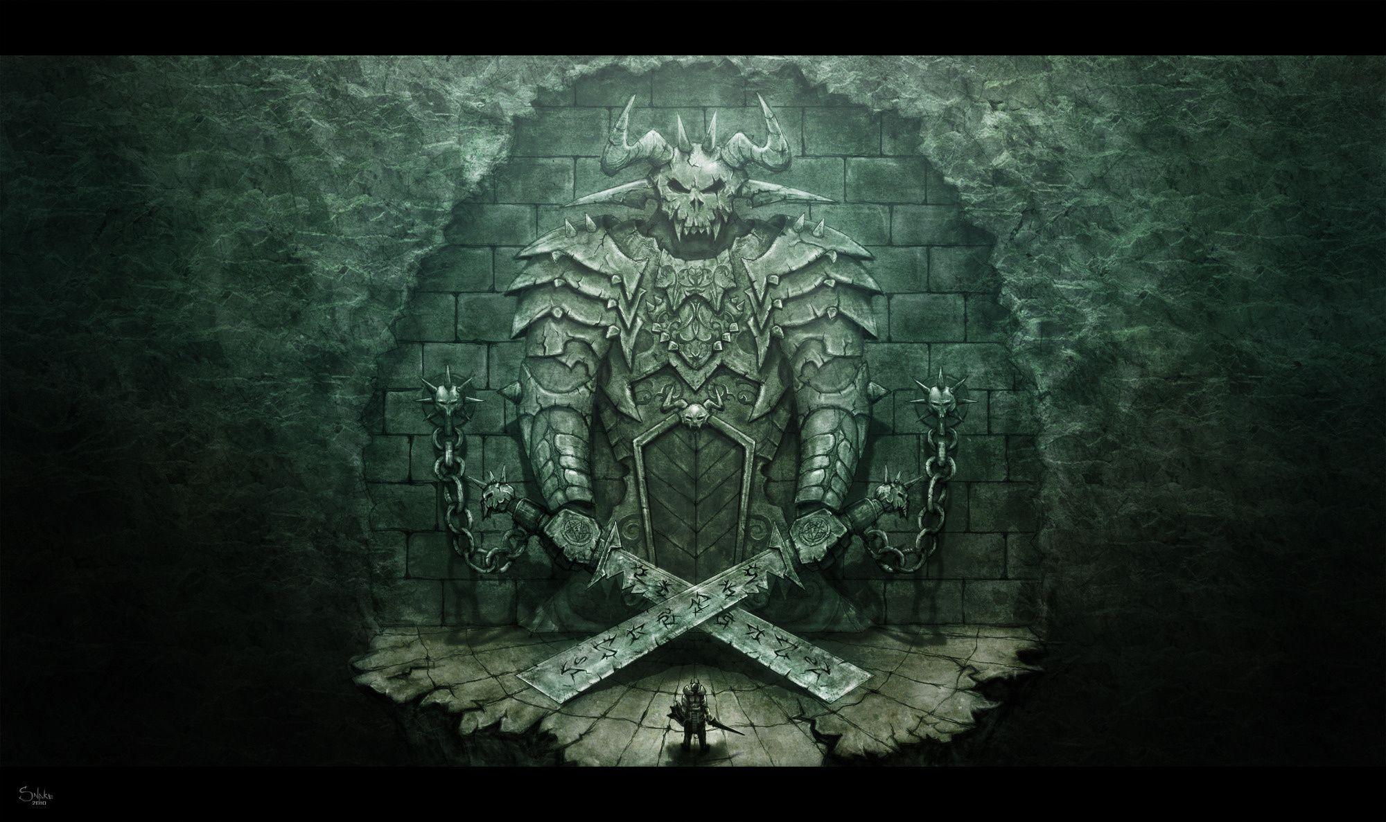 2000x1187 Wallpaper demon, warrior, sword, armor desktop wallpaper 3D