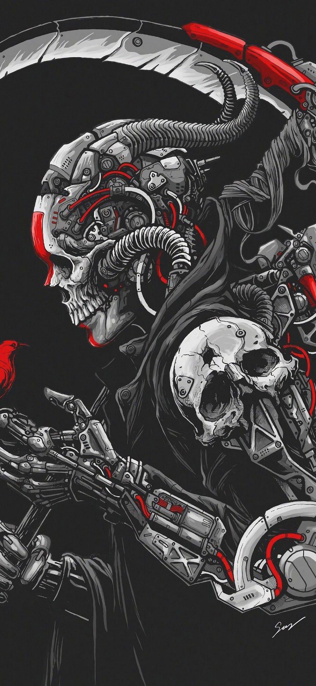 1080x2340 Sci Fi Skull Cyborg Warrior Scythe 4K Wallpaper