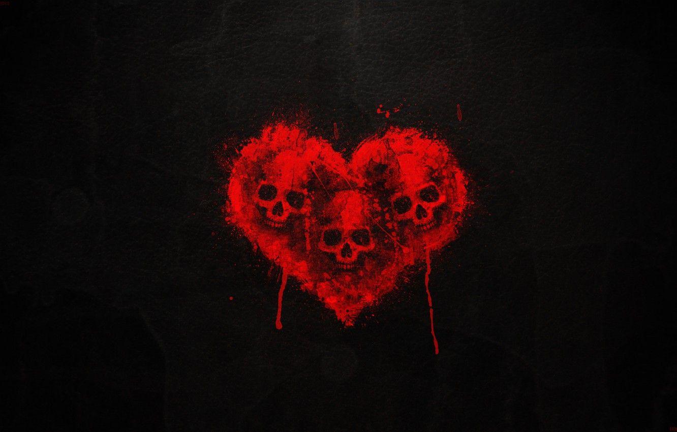 1332x850 Wallpaper blood, Heart, Skull, black background, Three skulls image for desktop, section разное