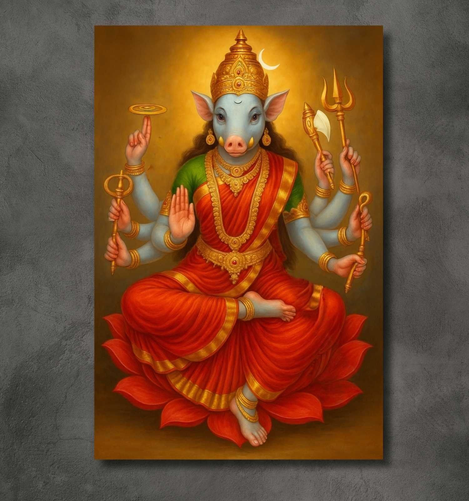 1500x1600 KUNJ CART Devi Photo. Divine Varahi Amman Photo In Painting Form with Golden Aura, Lotus & Sacred Weapons
