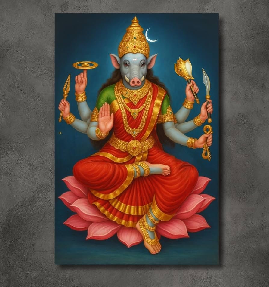 894x954 KUNJ CART Varahi Devi Photo On Canvas -WITHOUT FRAME- (24x18 Inch). Varahi Amman Photo Seated on Pink Lotus with Chakra, Sword & Bell. South Indian