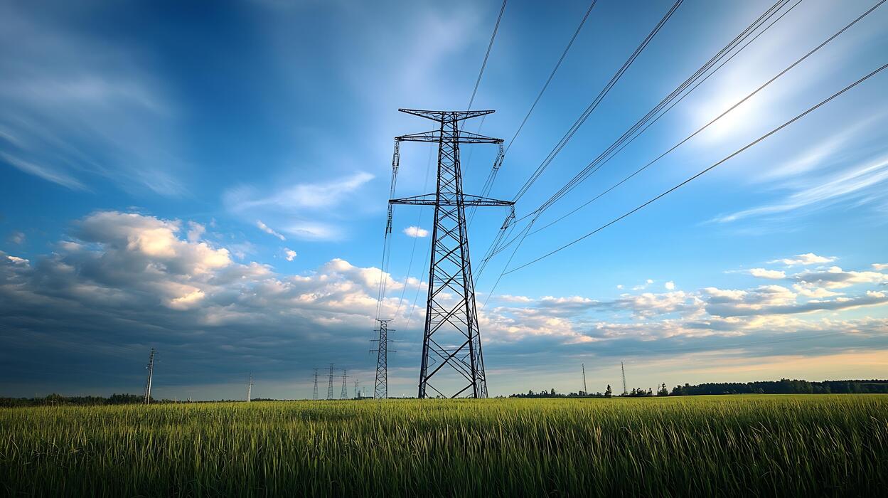 1249x700 High Voltage Transmission Tower in Field Under Expansive Sky