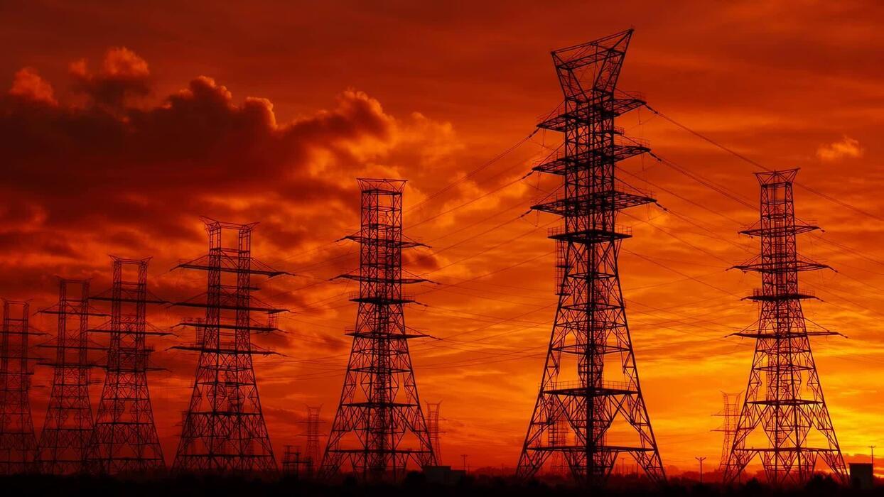 1244x700 Row of high voltage electricity transmission towers silhouetted against dramatic orange sunset sky