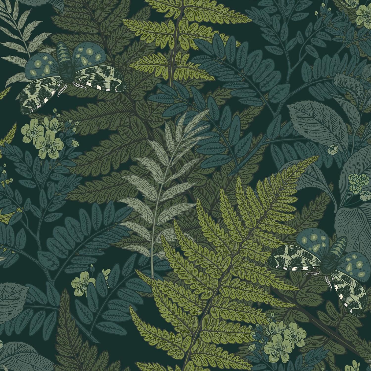 1500x1500 VEELIKE Green Fern Forest Peel and Stick Butterflies Botanical Wallpaper Dark Tropical for Bedroom Bathroom 17.7''