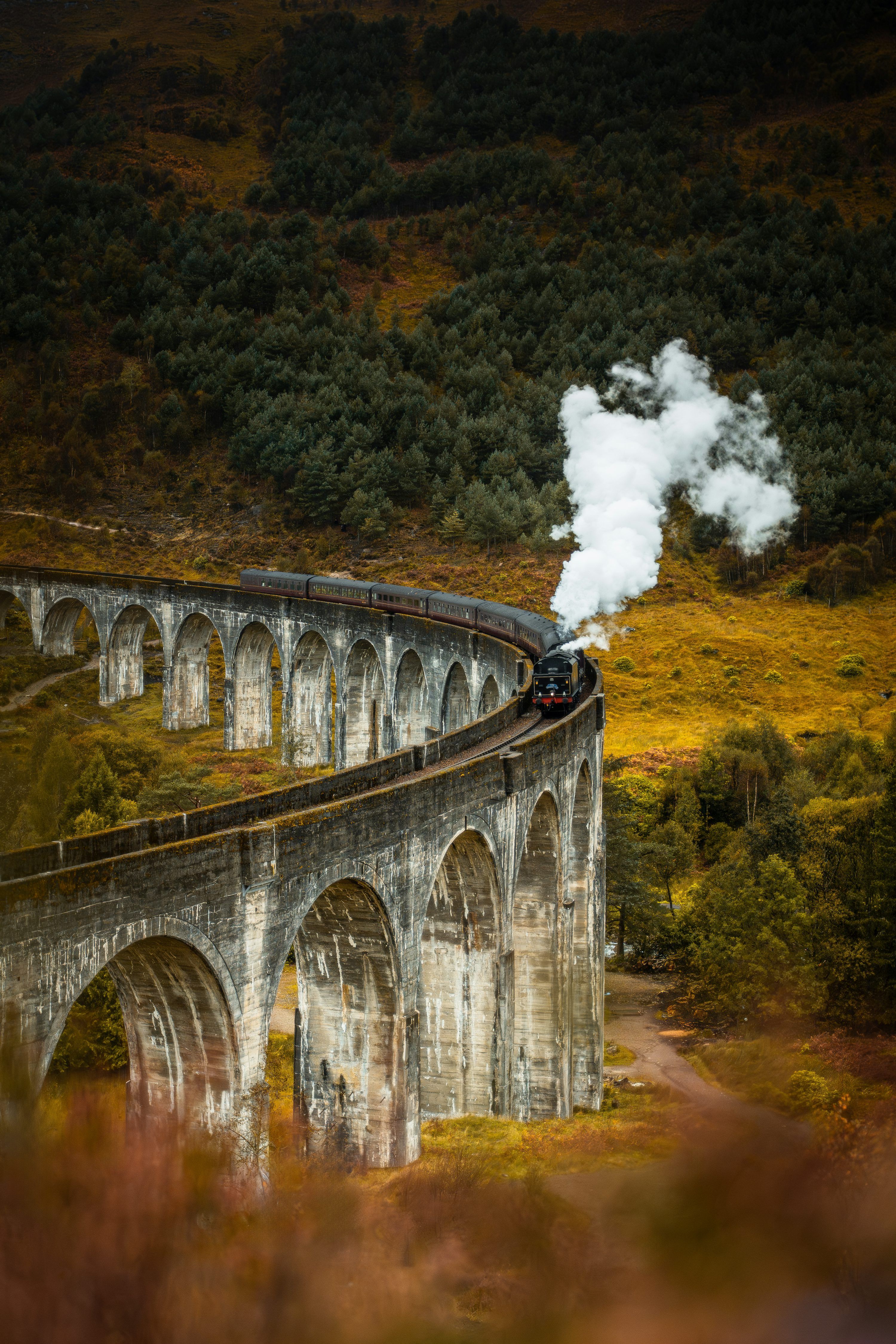 3000x4500 Steam train crossing a stone viaduct in a scenic landscape photo