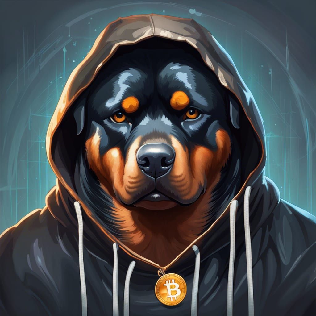 1024x1024 Mean, teeth showing, Rottweiler, with hoodie, with Bitcoin logo leash. head and shoulders portrait, 8k resolution concept art portrait