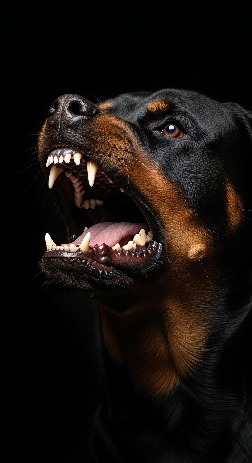 1069x1960 Nature background, Nature wallpaper, Close up profile of a Rottweiler dog snarling revealing sharp teeth and pink tongue against a dark background