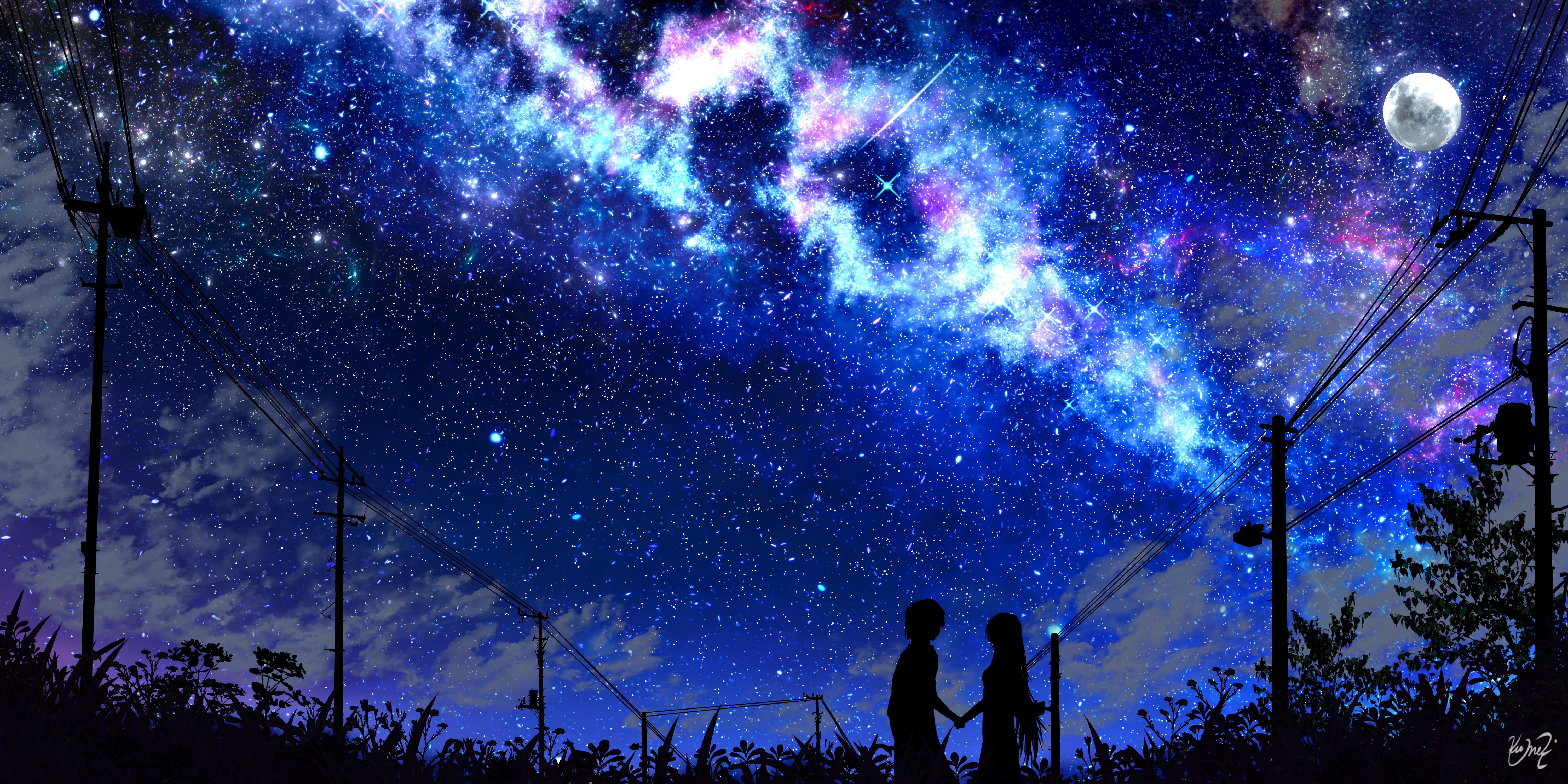 6000x3000 Download wallpaper 6000x3000 silhouette, night, starry sky, art, dark HD background