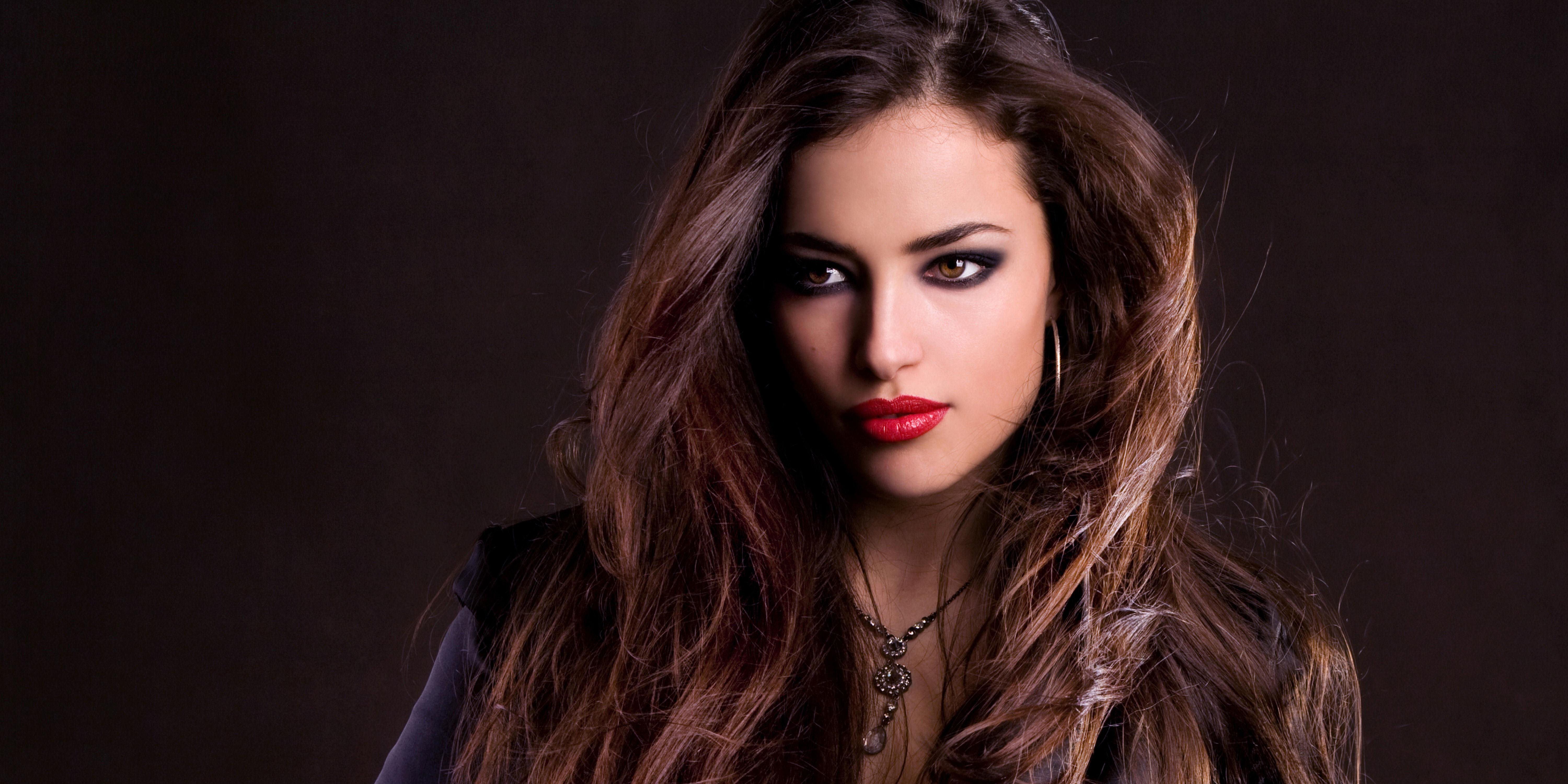 6000x3000 Wallpaper look, girl, earrings, makeup, brunette, suspension, long hair for mobile and desktop, section девушки, resolution 6000x3000
