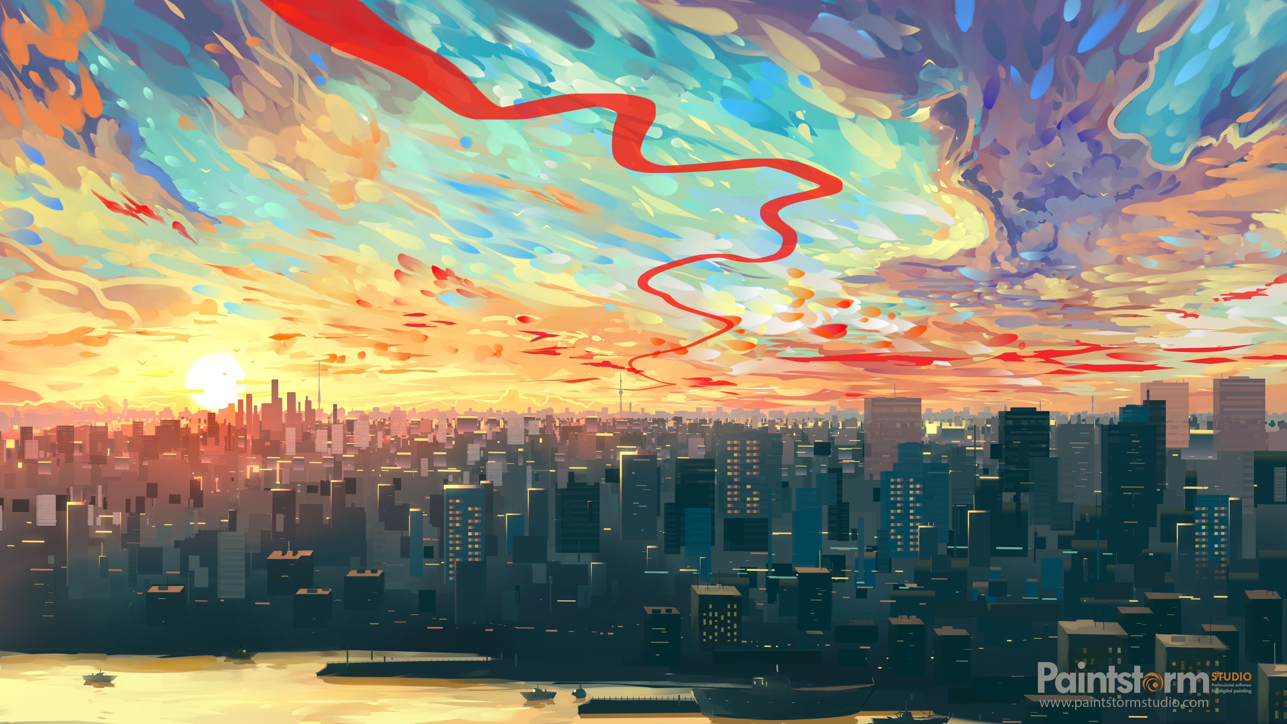 5000x2813 Vibrant Cityscape: 4K Ultra HD Artistic Skyline at Sunset