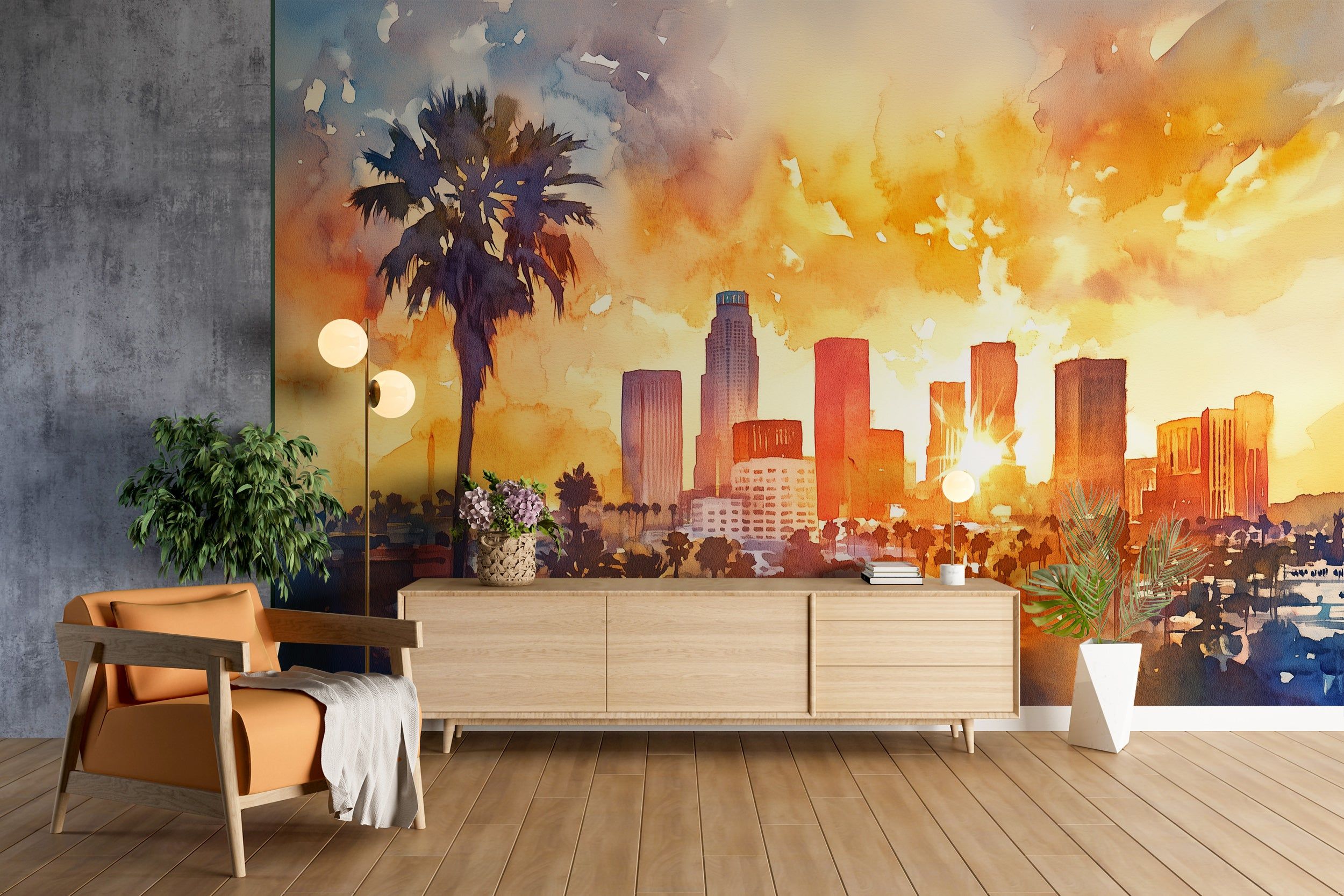 2500x1667 Los Angeles Sunset Mural and Stick Watercolor City Wallpaper