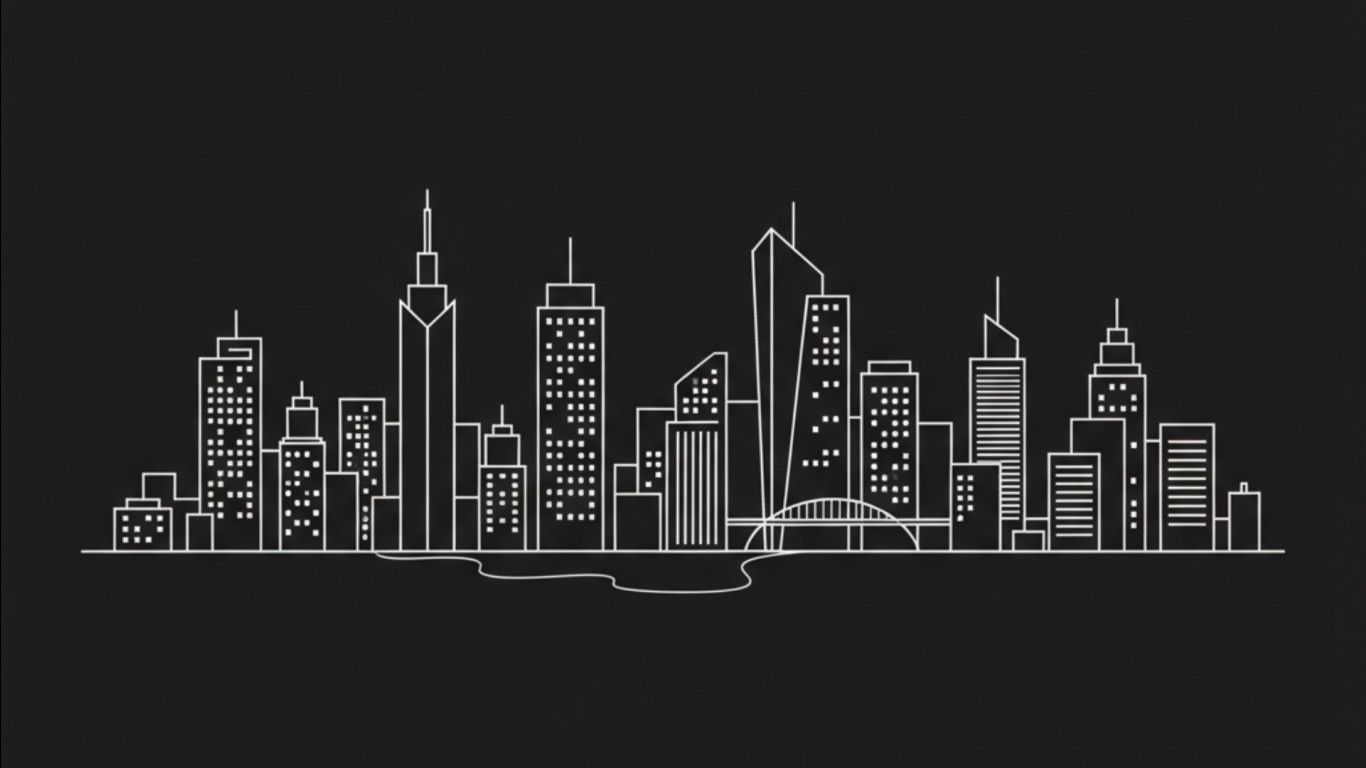 1366x768 Minimalist white line art of city skyline on deep black canvas HD plain black Wallpaper