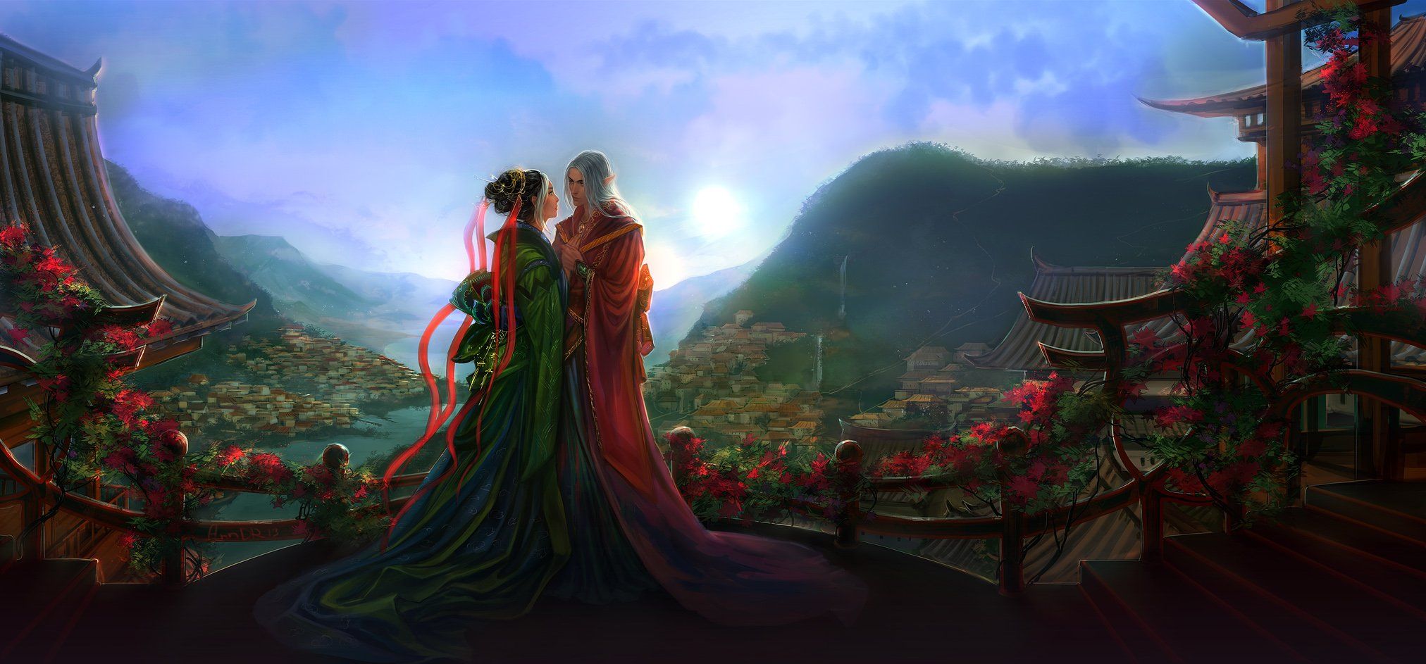 2024x943 fantasy, Love, Couple, Kimono, Elf, Landscape Wallpaper HD / Desktop and Mobile Background