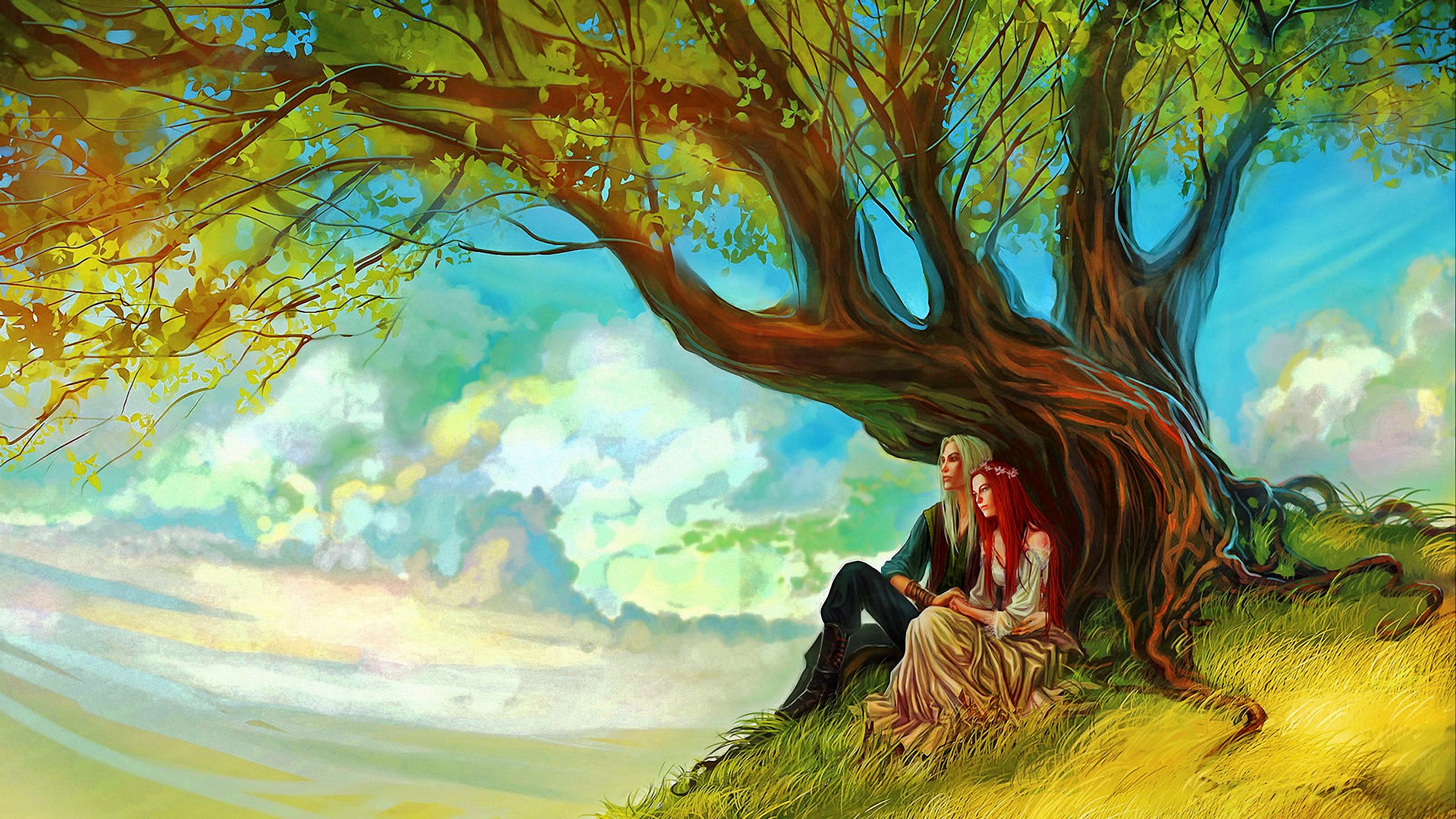 2560x1440 Desktop wallpaper: Couple, Fantasy, Love, Elf, Tree 4K free download for PC. 722742